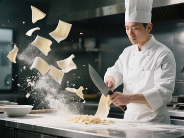 厨师挥刀切面，面粉飞溅瞬间