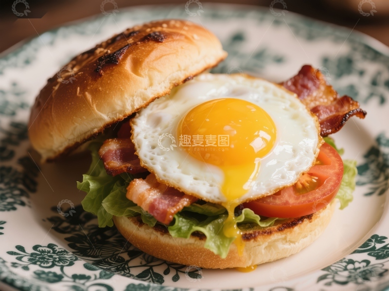 高清大图下载【趣麦麦图】煎蛋培根汉堡，美味早餐