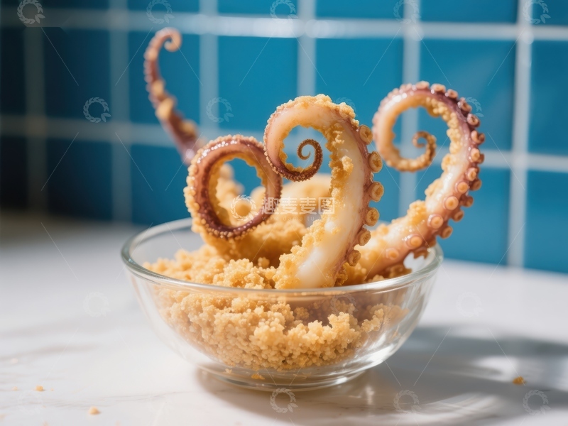 高清大图下载【趣麦麦图】章鱼触手置于面包屑碗中