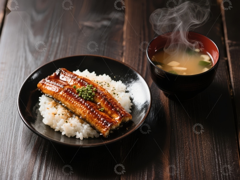 高清大图下载【趣麦麦图】鳗鱼饭配味噌汤，热气腾腾