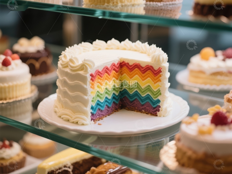 高清大图下载【趣麦麦图】彩虹蛋糕展示，色彩斑斓的甜品