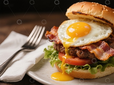 煎蛋培根汉堡特写