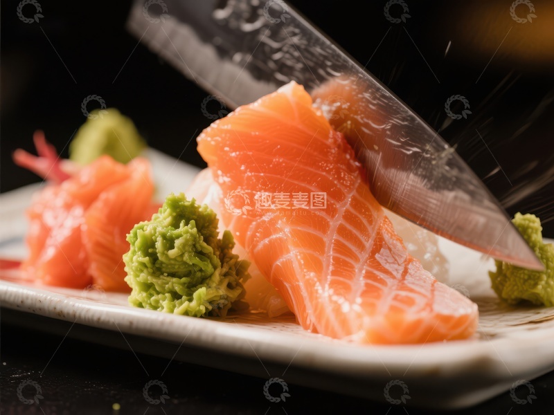 高清大图下载【趣麦麦图】刀切三文鱼刺身，配以芥末和姜片