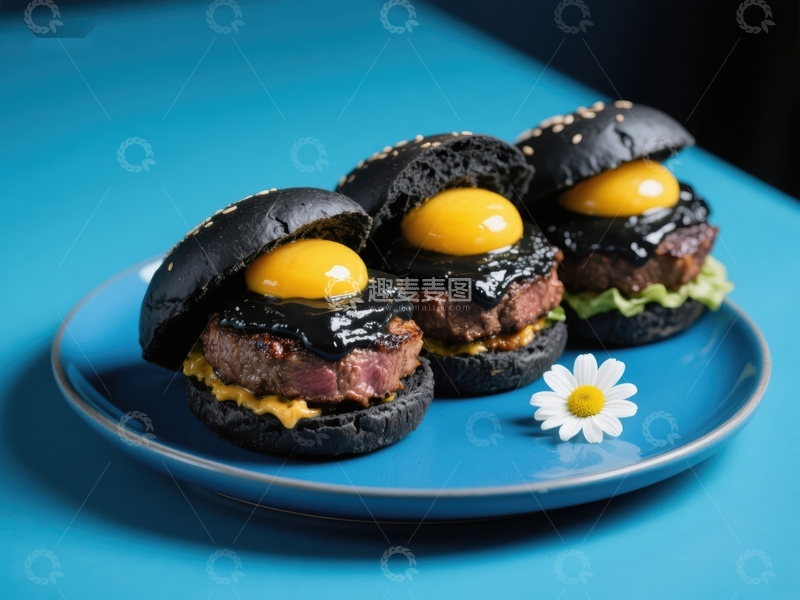 高清大图下载【趣麦麦图】创意黑金汉堡配流心蛋黄