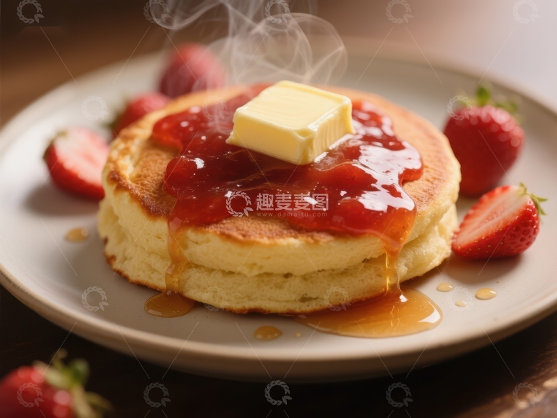 高清大图下载【趣麦麦图】热腾腾的草莓酱煎饼配黄油