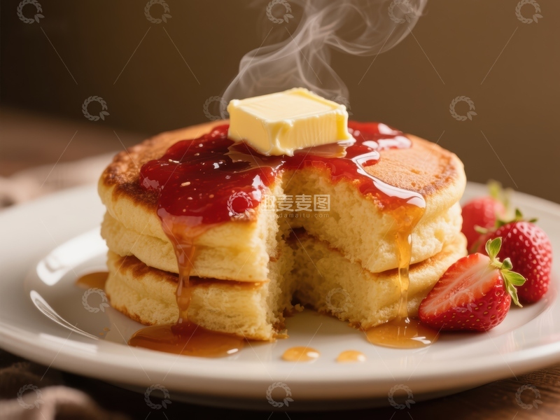 高清大图下载【趣麦麦图】热腾腾的草莓酱煎饼配黄油