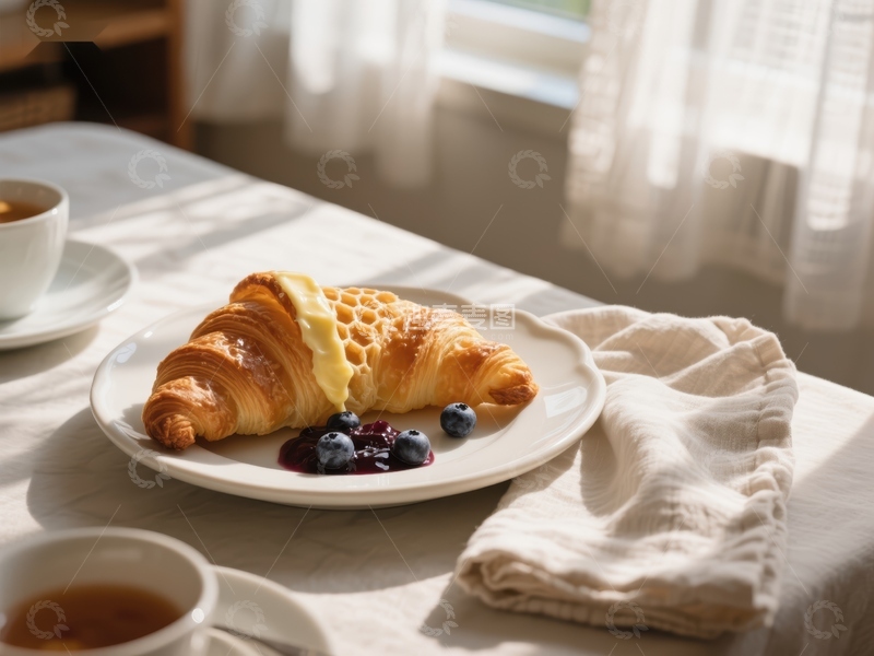 高清大图下载【趣麦麦图】早餐桌上美味的羊角面包与蓝莓