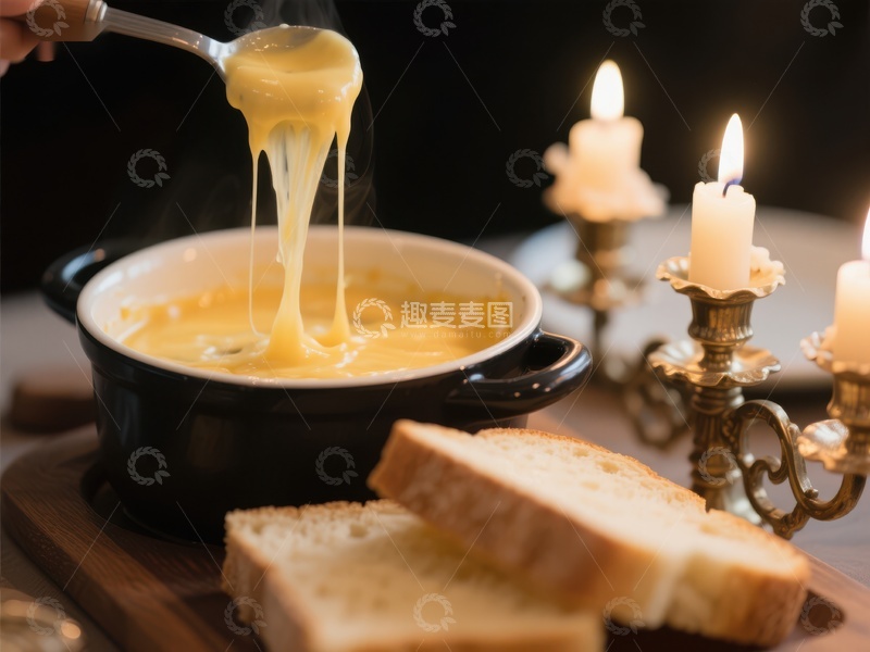 高清大图下载【趣麦麦图】奶酪火锅与面包片的温馨场景