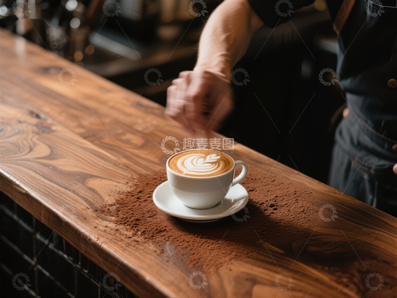 高清大图下载【趣麦麦图】咖啡师在木制吧台上装饰拿铁