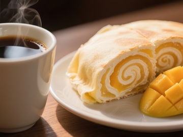 芒果奶油蛋糕卷配热饮