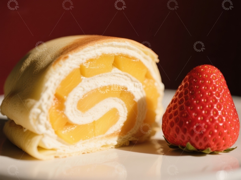 高清大图下载【趣麦麦图】芒果奶油蛋糕卷与新鲜草莓