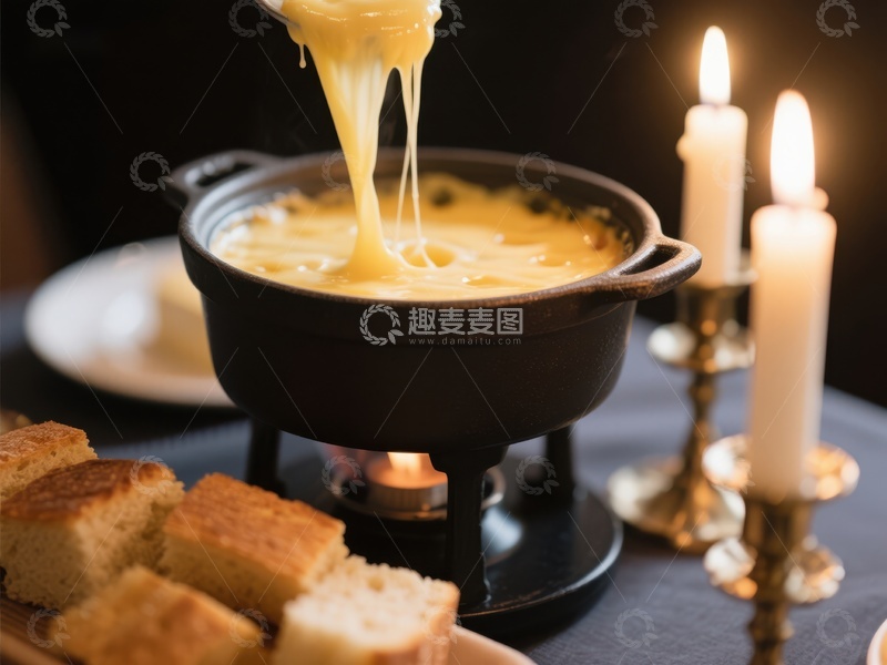 高清大图下载【趣麦麦图】奶酪火锅与面包块的温馨场景
