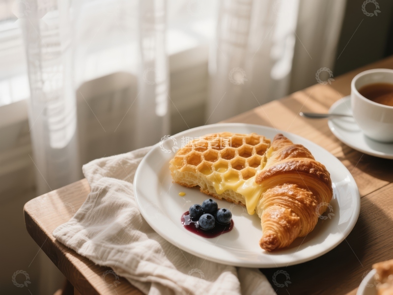 高清大图下载【趣麦麦图】早餐桌上的华夫饼与羊角面包