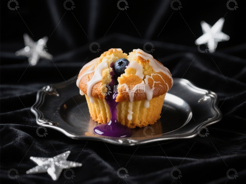 高清大图下载【趣麦麦图】蓝莓松饼配糖霜，置于黑色背景
