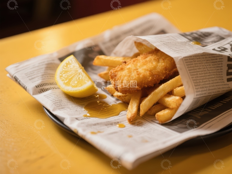 高清大图下载【趣麦麦图】报纸包裹的炸鱼薯条配柠檬