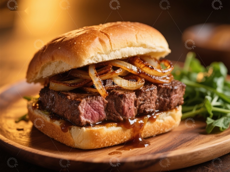 高清大图下载【趣麦麦图】美味牛排汉堡配焦糖洋葱