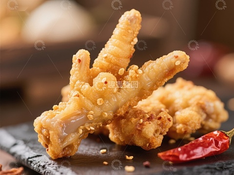 酥脆鸡爪配红椒特写