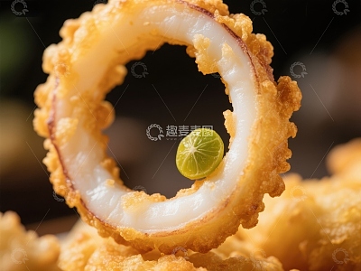 金黄酥脆的鱿鱼圈配青柠