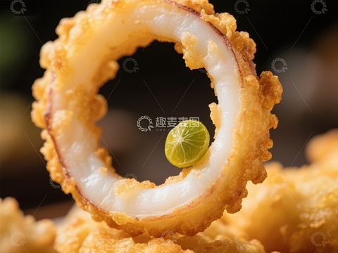 金黄酥脆的鱿鱼圈配青柠