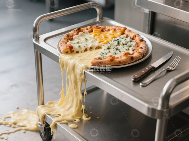 高清大图下载【趣麦麦图】芝士披萨融化在金属推车上