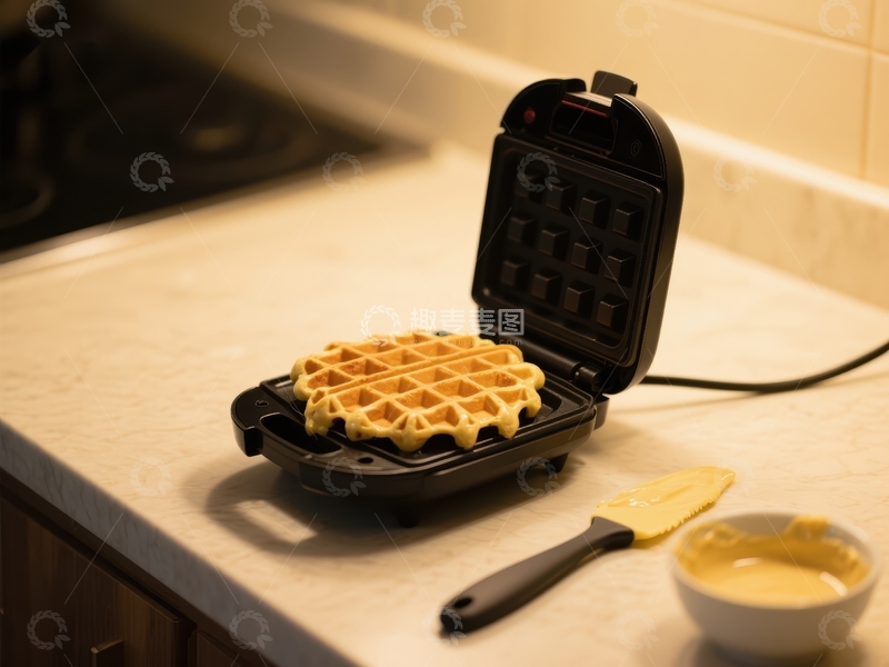 高清大图下载【趣麦麦图】厨房中的华夫饼机与新鲜出炉的华夫饼