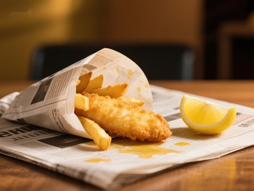 报纸包裹的炸鱼薯条配柠檬