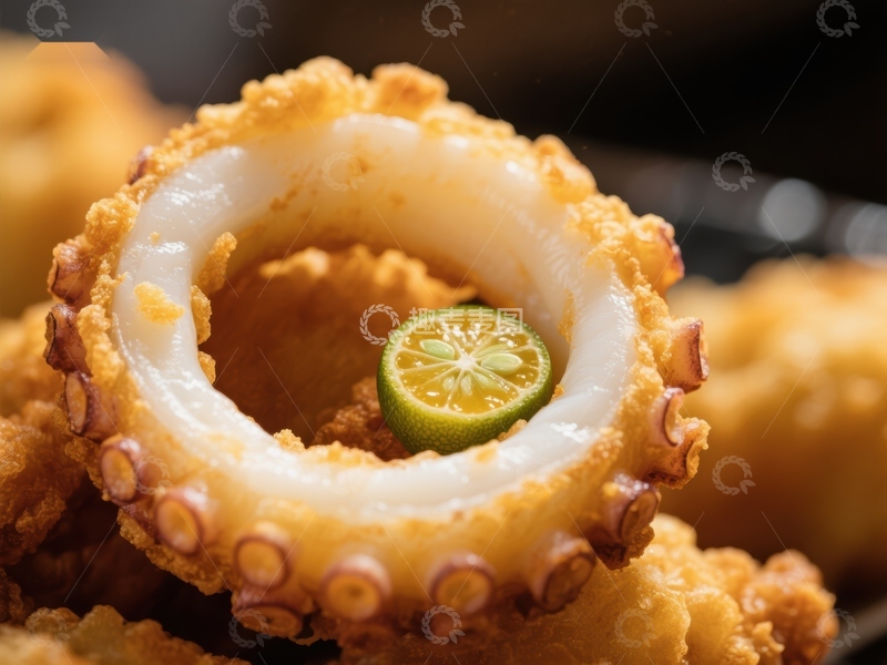 高清大图下载【趣麦麦图】金黄酥脆的炸鱿鱼圈配青柠