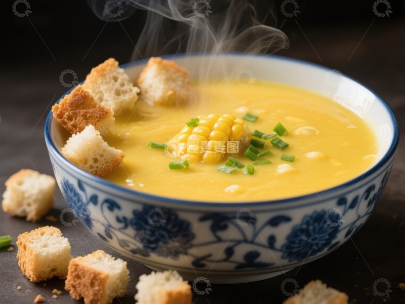 高清大图下载【趣麦麦图】热腾腾的玉米浓汤配面包丁