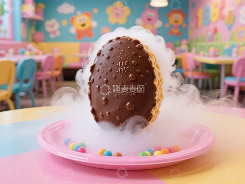 高清大图下载【趣麦麦图】巧克力蛋置于烟雾中，色彩斑斓的室内背景
