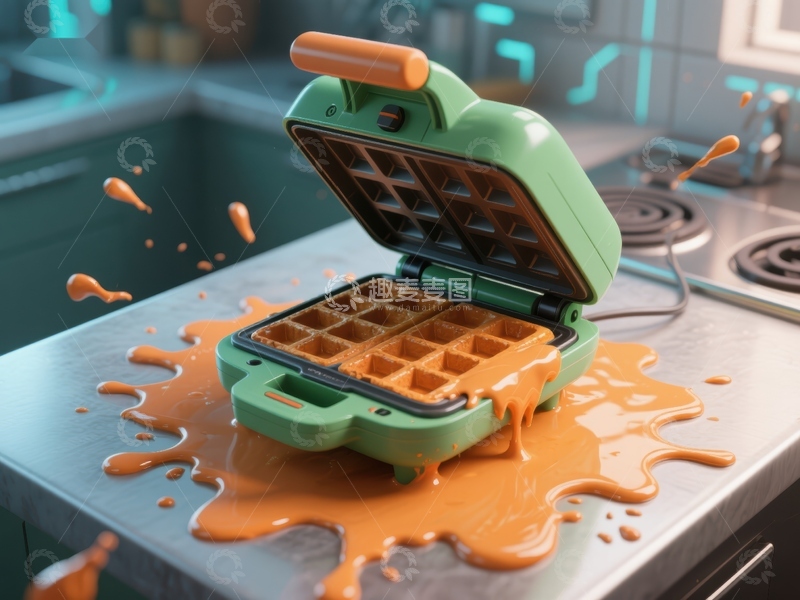 高清大图下载【趣麦麦图】橙色液体溢出的华夫饼机
