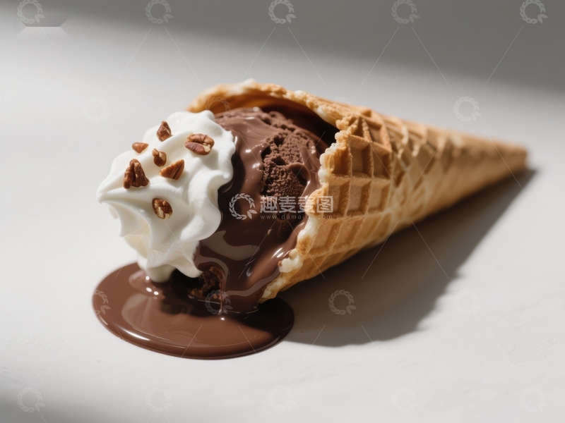 高清大图下载【趣麦麦图】巧克力冰淇淋融化在华夫锥中