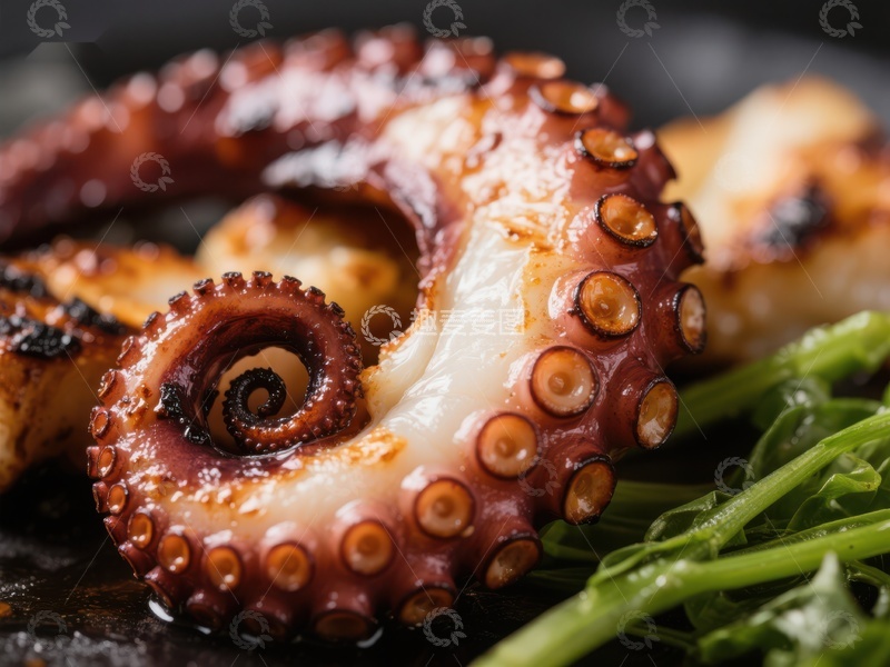 高清大图下载【趣麦麦图】烤制章鱼搭配绿叶蔬菜