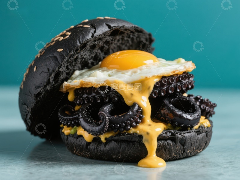 高清大图下载【趣麦麦图】黑色汉堡配章鱼和煎蛋