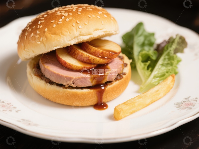 高清大图下载【趣麦麦图】美味汉堡配苹果片和薯条