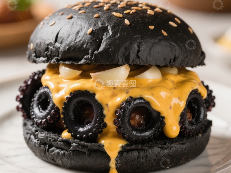 高清大图下载【趣麦麦图】黑色汉堡配章鱼肉和芝士