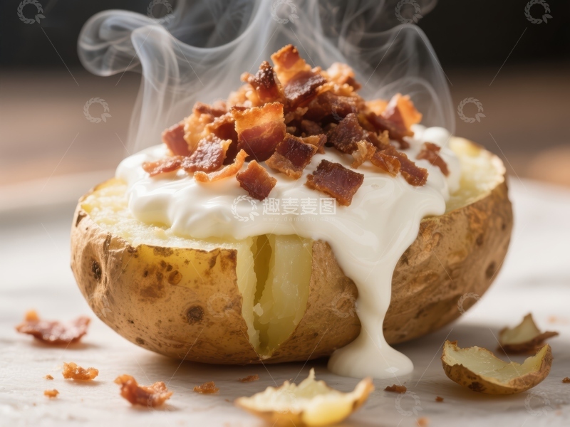 高清大图下载【趣麦麦图】热腾腾的烤土豆配培根和酸奶油