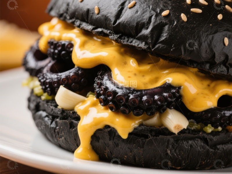 高清大图下载【趣麦麦图】黑色汉堡配章鱼和芝士酱