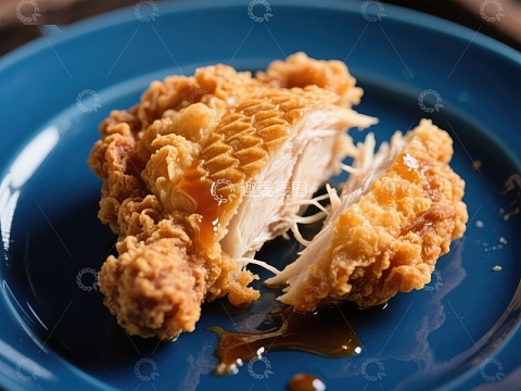 酥脆炸鸡配酱汁，蓝色盘中呈现