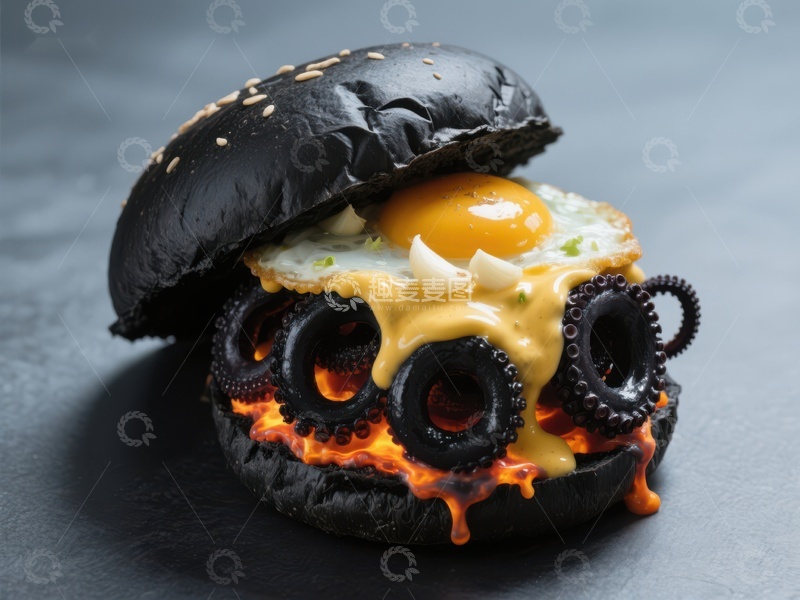 高清大图下载【趣麦麦图】创意黑汉堡配章鱼触手和煎蛋