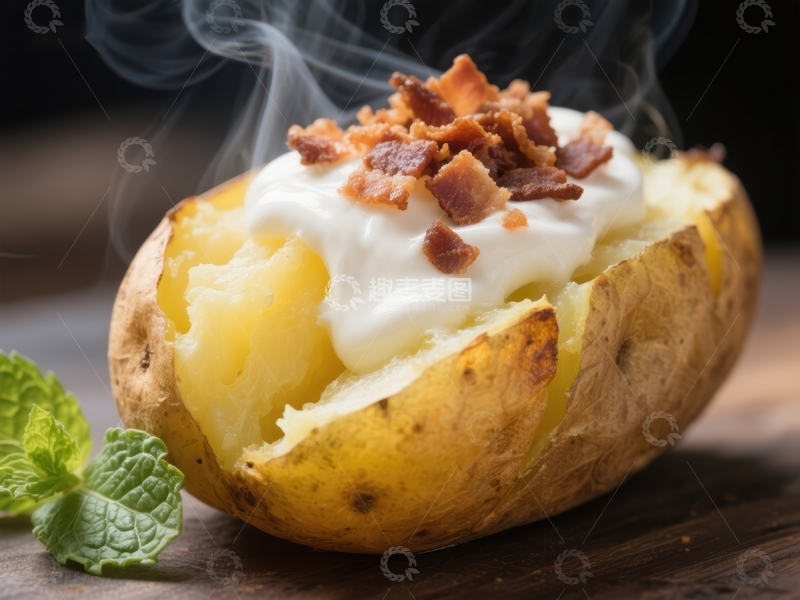 高清大图下载【趣麦麦图】热腾腾的烤土豆配酸奶油和培根