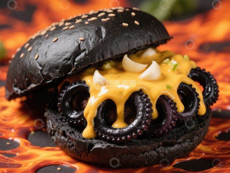 高清大图下载【趣麦麦图】黑色汉堡配章鱼触手和芝士