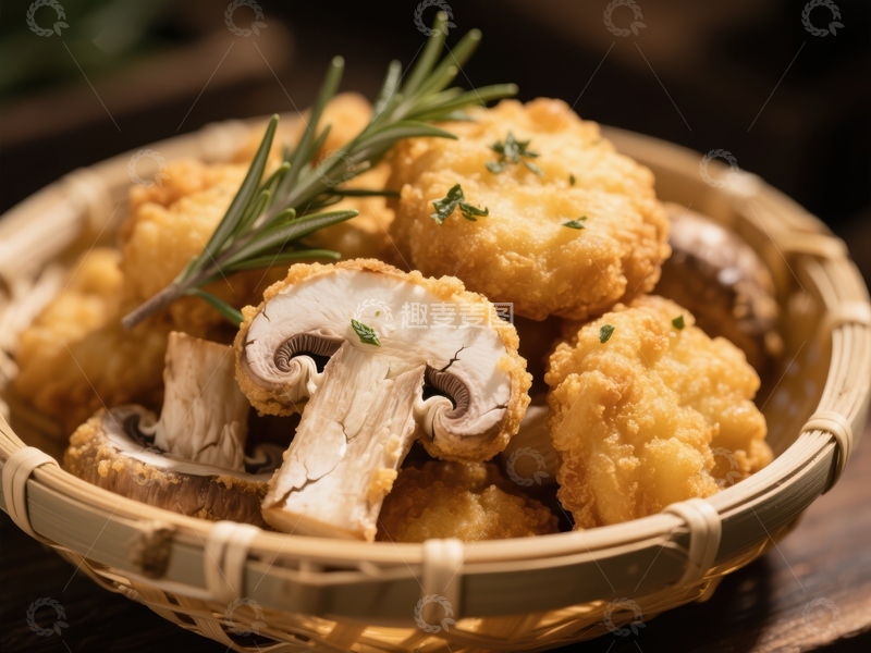 高清大图下载【趣麦麦图】金黄酥脆的炸蘑菇配迷迭香