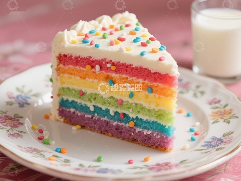 彩虹蛋糕切片配牛奶
