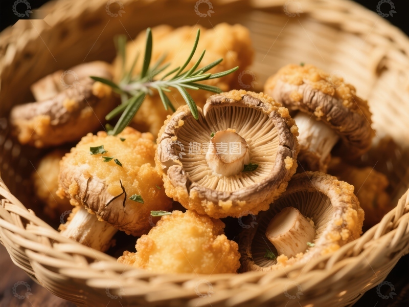高清大图下载【趣麦麦图】篮中金黄酥炸蘑菇