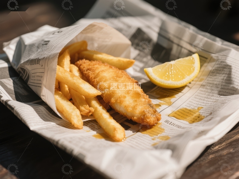 高清大图下载【趣麦麦图】纸包鱼与薯条配柠檬