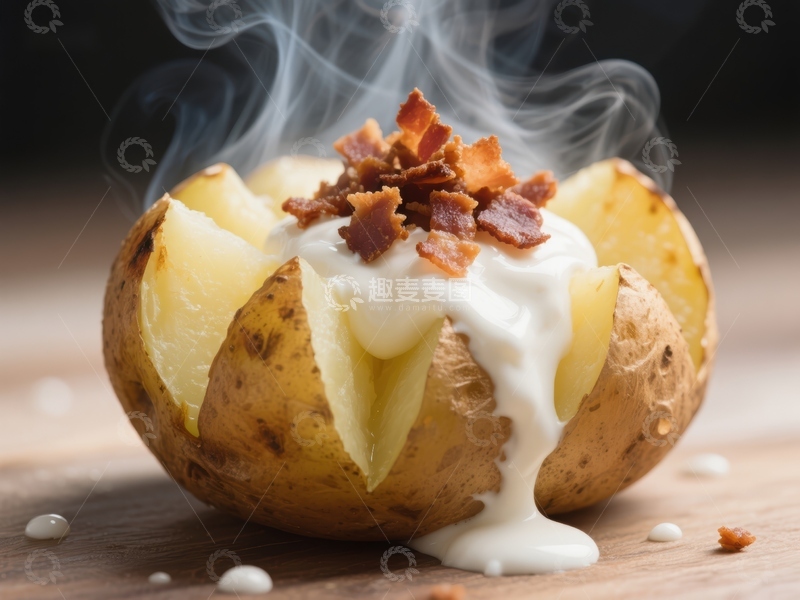 高清大图下载【趣麦麦图】热腾腾的烤土豆配培根和酸奶油