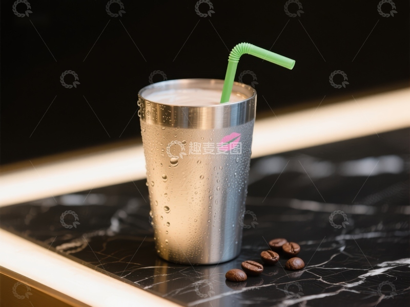 高清大图下载【趣麦麦图】不锈钢杯配绿色吸管，旁有咖啡豆