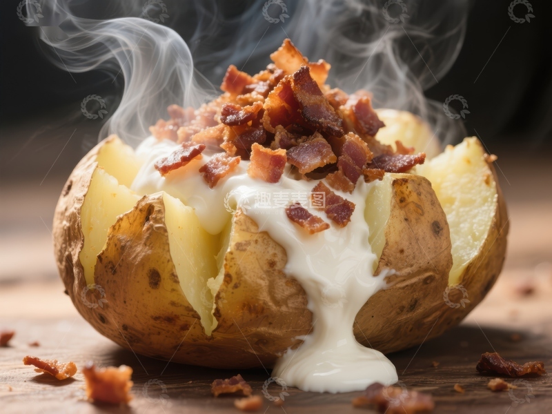 高清大图下载【趣麦麦图】热腾腾的烤土豆配培根和酸奶油