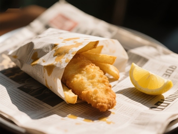 报纸包裹的炸鱼薯条配柠檬