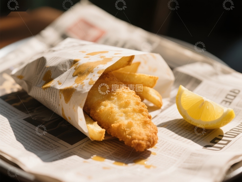 高清大图下载【趣麦麦图】报纸包裹的炸鱼薯条配柠檬